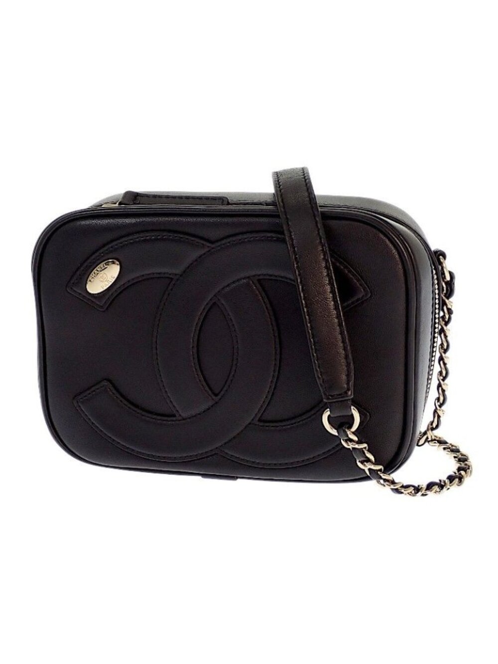 Chanel CC Logo Chain Shoulder Camera Bag Lambskin Black Gold